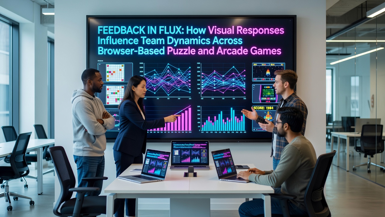 Arcade card game screen with visual team dynamics indicators including synchronized glow effects and dynamic score animations