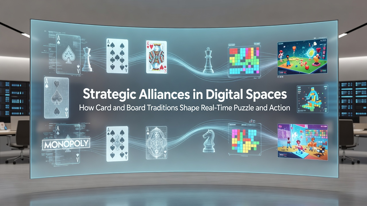 Players coordinating in a browser arena with overlaid alliance indicators and puzzle timers drawn from board game traditions